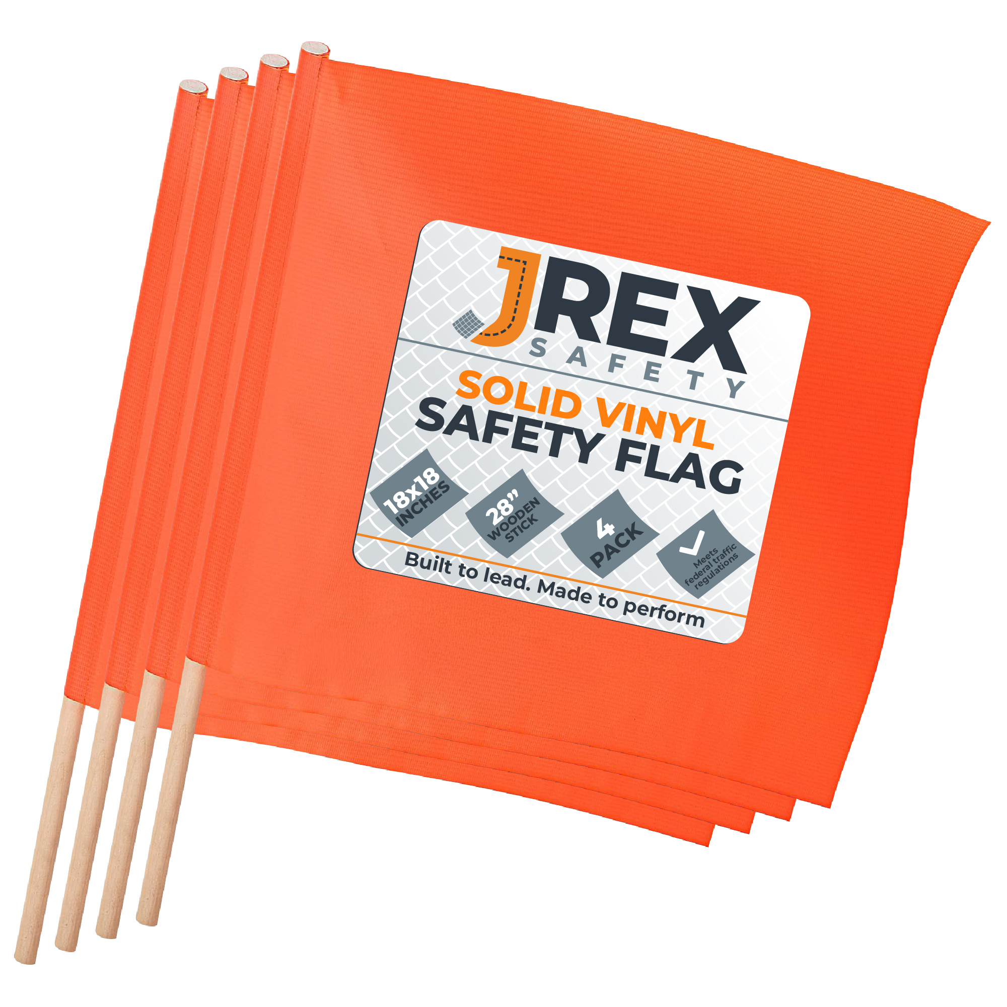 18" x 18" Orange Warning/Safety Flag with 28" Wood Staff - 4 Pack